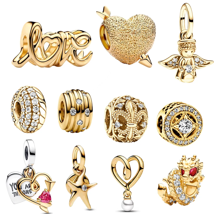 

NEW DIY Gold Plated Sparkling Angel & Engravable Heart & Arrow Double Dangle Charm Bead Fit Original Silver Bracelet Hot Jewelry