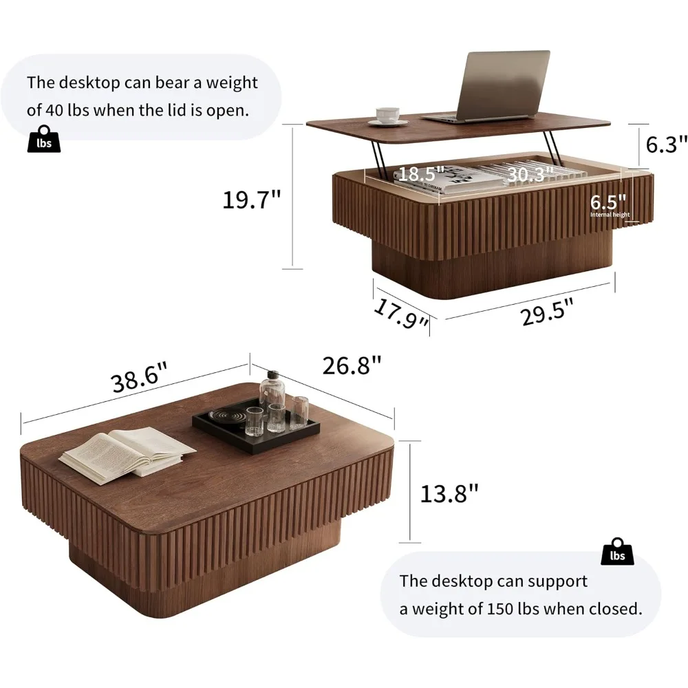 طاولة قهوة مربعة الشكل مقاس 38.6 بوصة، طاولة شاي مخفية حديثة مع مساحة تخزين مخفية لغرفة المعيشة أو الشقة أو المكتب، الجوز