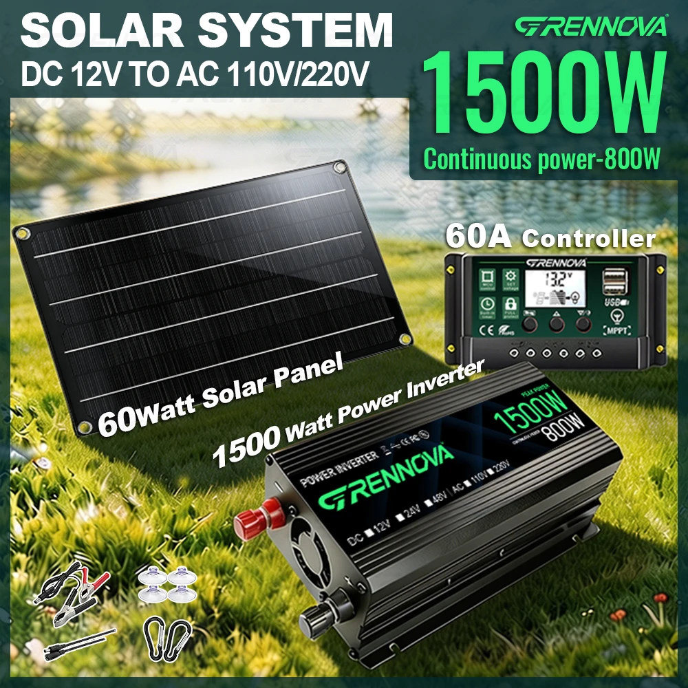 1500W Peak Solar Power System Kit(800W Continuous) 60W Solar Panel MPPT Controller Inverter For Off Grid RV Camping Garden Party
