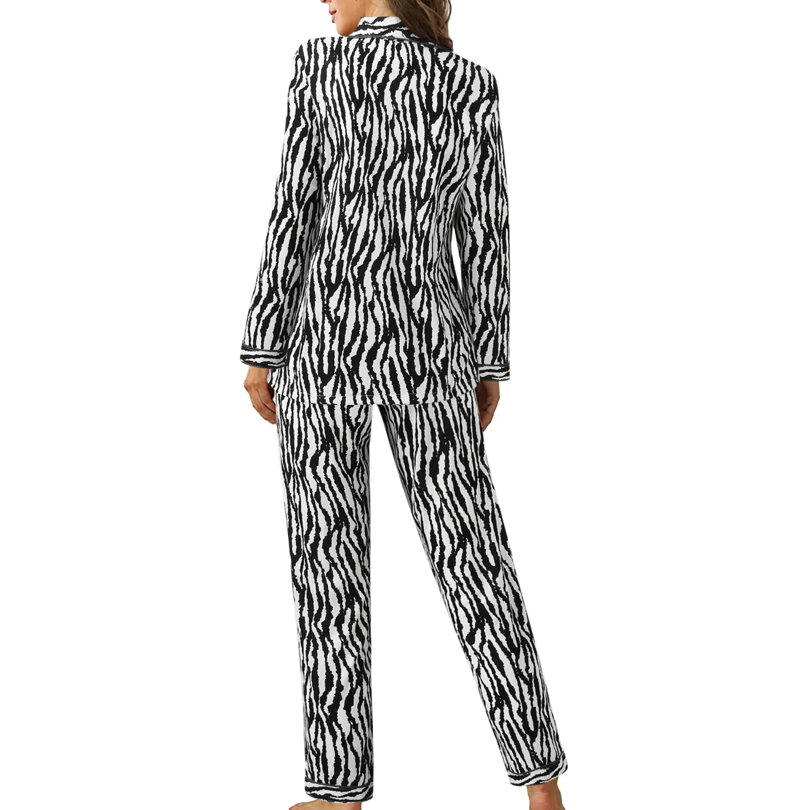 Zebra Stripe Women Pajamas Suits 2024 Sleepwear 2 Piece Set Spring Autumn Long Sleeve Lapel Button Up Shirtrs+Wide Leg Pant Sets