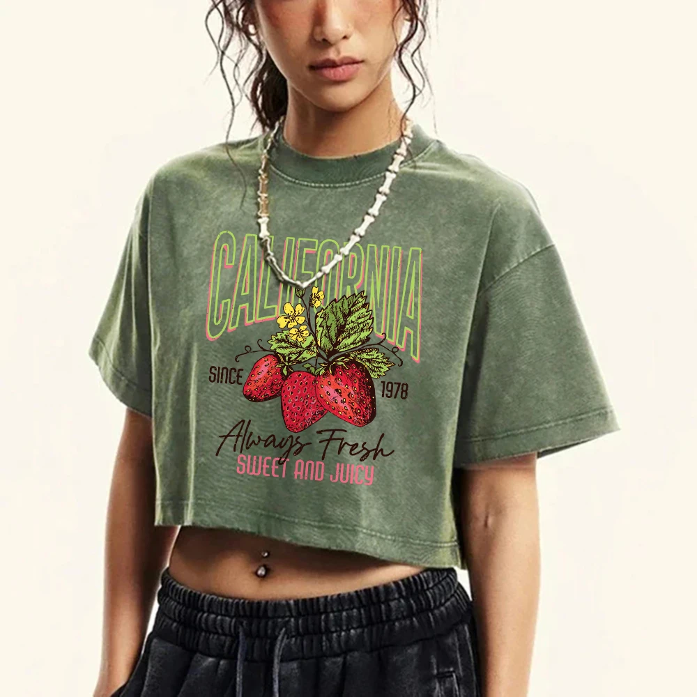 California Strawberries Print Women Tshirts Washed Street Retro Short Sleeve Slim Fashion Tee Shirt Summer Fitness Clothing