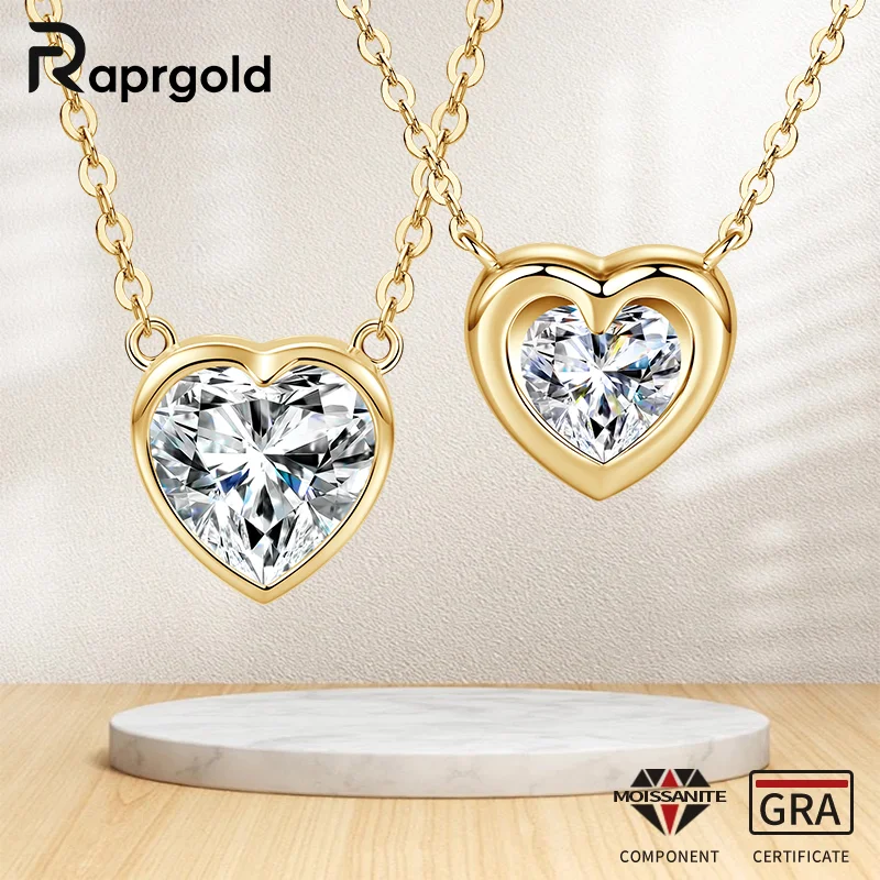 

RAPRGOLD D VVS1 1-2CT Муассанит Алмазное ожерелье с подвеской в форме сердца для женщин, цепочка из стерлингового серебра S925, ювелирные изделия, подарки, воротники