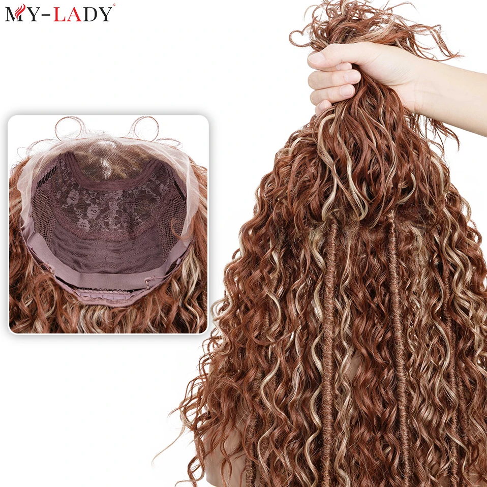 Mijn-Lady 28Inch Gevlochten Synthetische Kant Voorkant Pruik Vlechten Godin Faux Locs Pruik Kant Pruiken Krullend Haar Baby Haar Afro Braziliaanse Pruiken