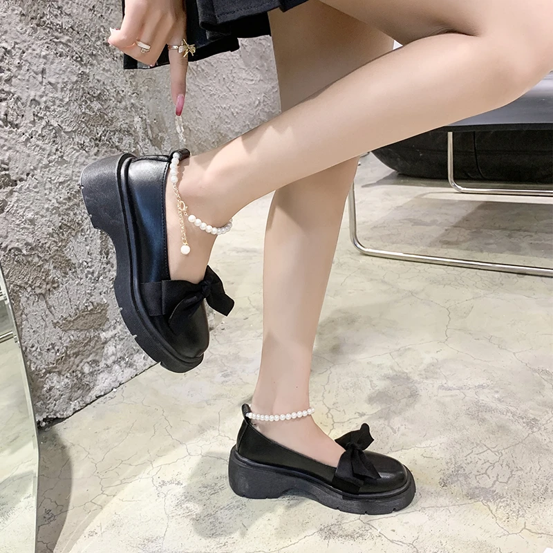 Women's Thick Sole Mary Jane Shoes Party High Heels 2024 Fall New Shoes Bow Chain Women's Shoes Fashion Oxford