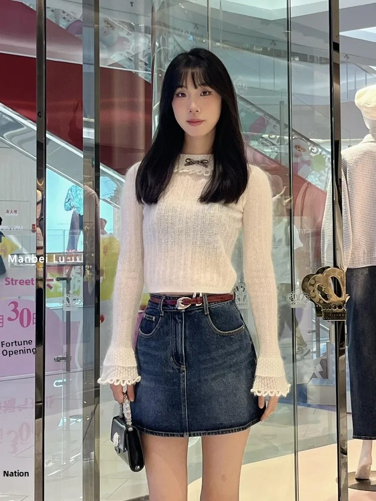 

Корейский трикотаж с кружевной отделкой и узлом, облегающий женский трикотаж Bell Sve Commute Sle Regular Fit Long Sve Трикотажный топ...