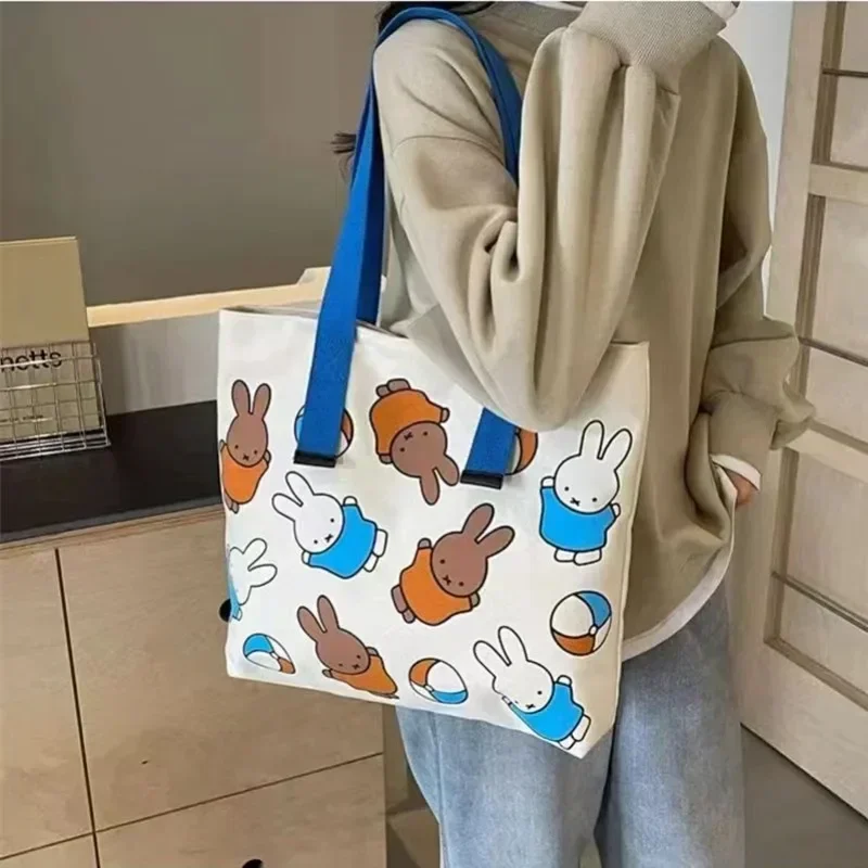 MINISO Miffy Handbag Cartoon Canvas Printed Shoulder Bag Anime Large Capacity Dopamine Outdoor Leisure Versatile Tutoring Bag