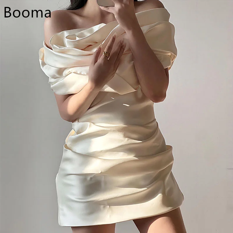 

Booma A-Line Satin Wedding Dresses Pleat Sleeveless Brides Prom Gown Off The Shoulder Simple Mini Dreess Customize 2025