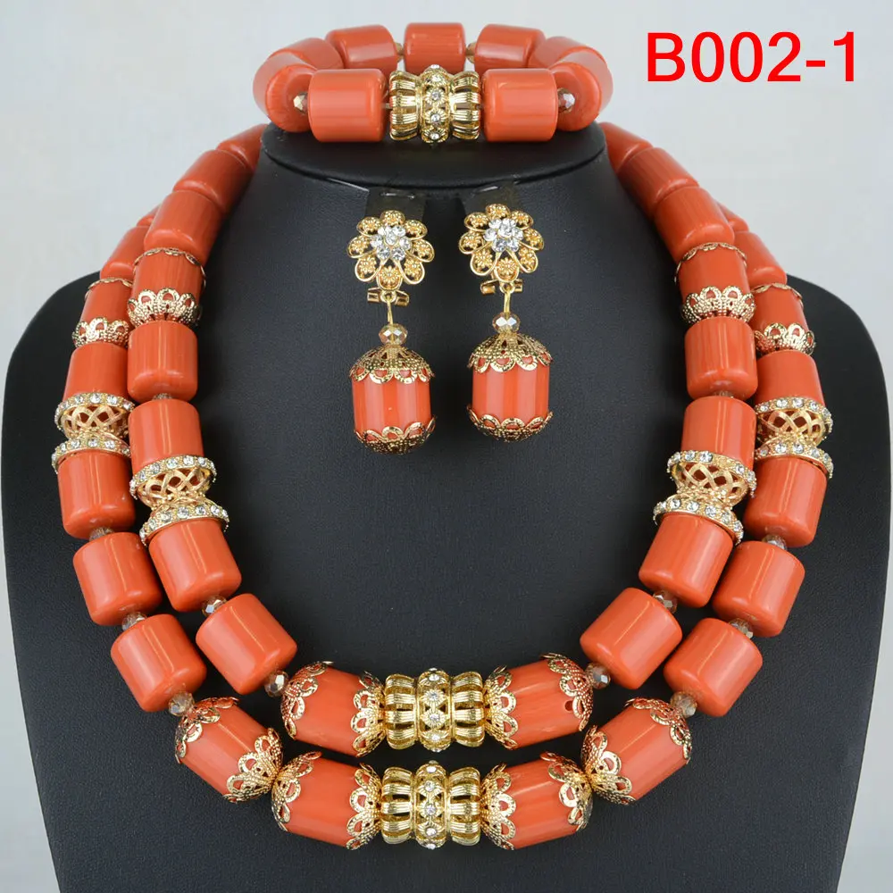 High Quality 2 Layers Artificial Coral Bead African Wedding Jewelry Set Women Necklace Nigeria Bride Party Gift