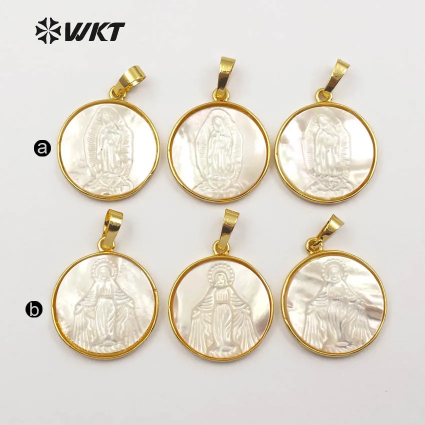 WT-JP042 New Arrival White Shell Virgin Mary Jesus Christ Pattern Round Shape Pendants Metal Electroplated For Women Jewelry 