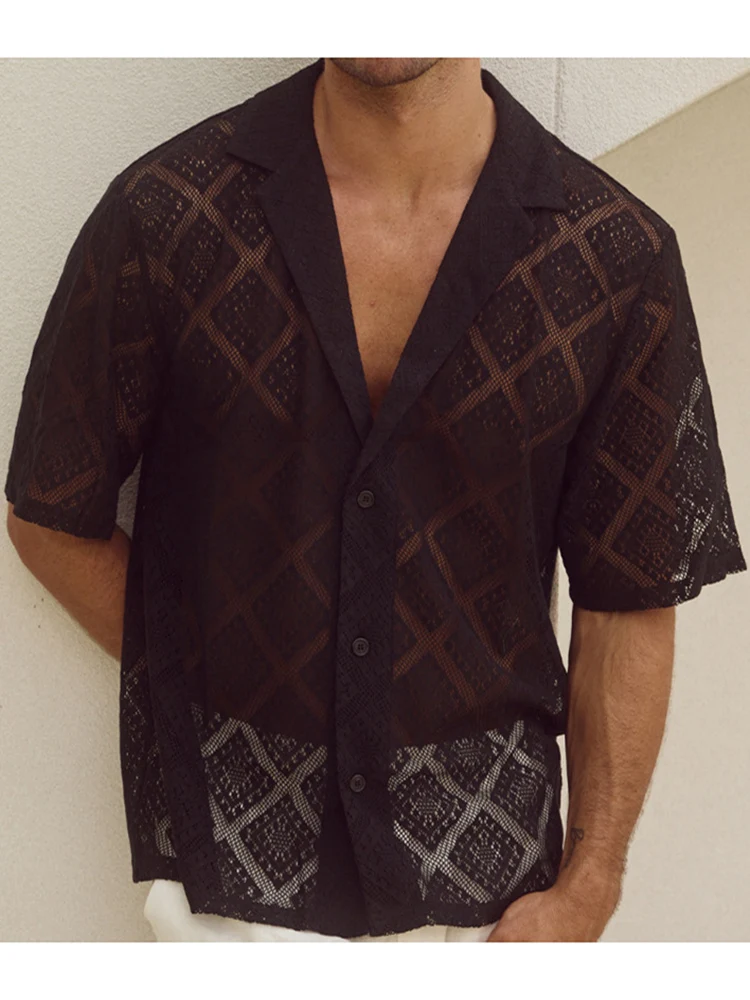 summer autumn men's short sleeved casual style polyester material 2025 new fashionable lapel hollow single breasted shirt