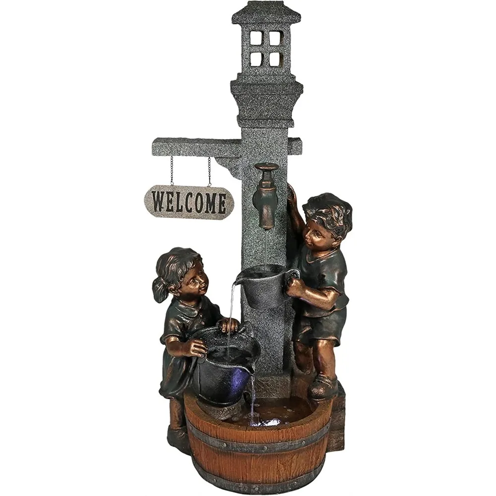 

40-Inch Children Playing with Faucet Outdoor Fountain Statue with LED Lights