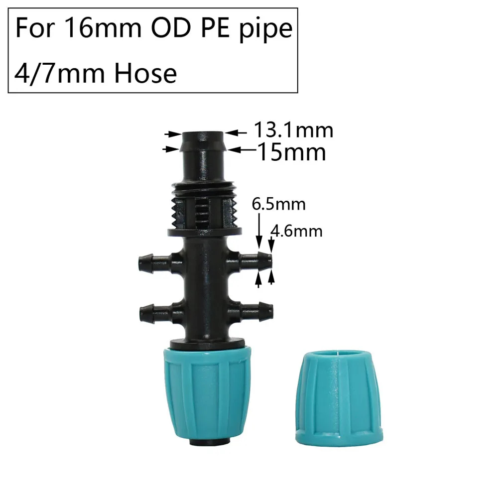 16mm 1/2\'\' PE Pipe Connector Water Splitter Tee Coupling Threaded Lock to 4/7mm Hose Reducer Garden Watering Drip Irrigation