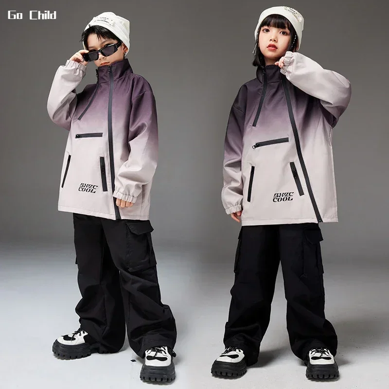 Boys Hip Hop High Collar Gradient Coat Girls Personalized Jacket Street Dance Cargo Pants Kids Streetwear Children Clothes Sets