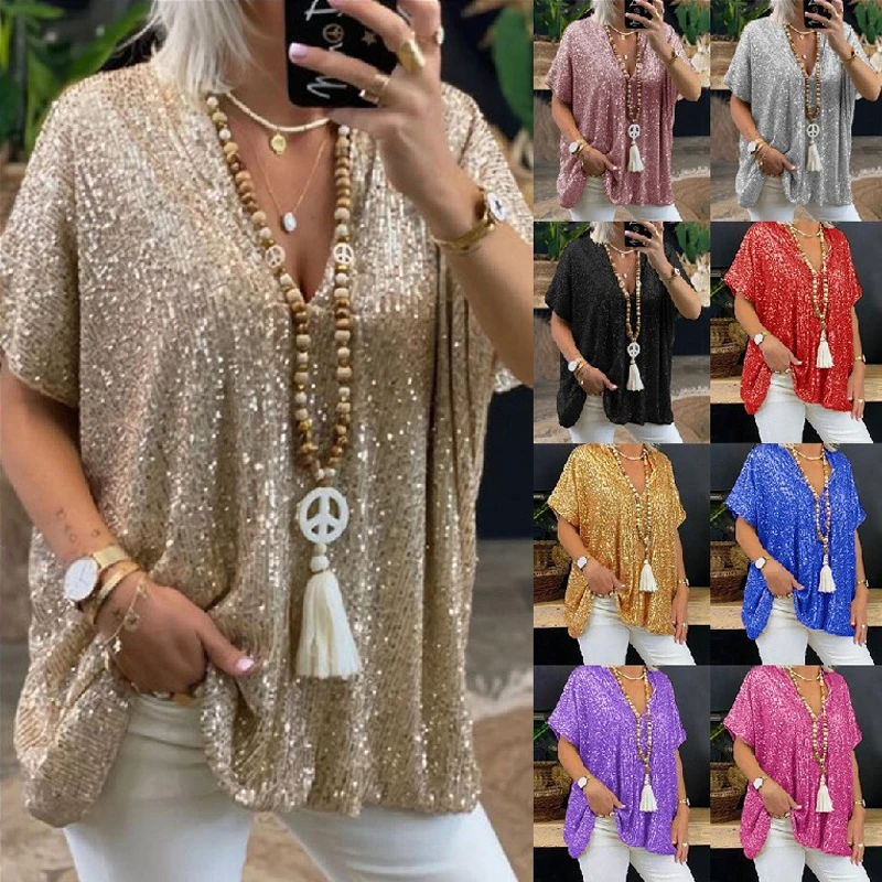 

Fashion Shiny Sequins Commuter Blouse Women's Elegant V-neck Long Sleeve Solid Color Pullover Casual Hight Street Loose Shirts