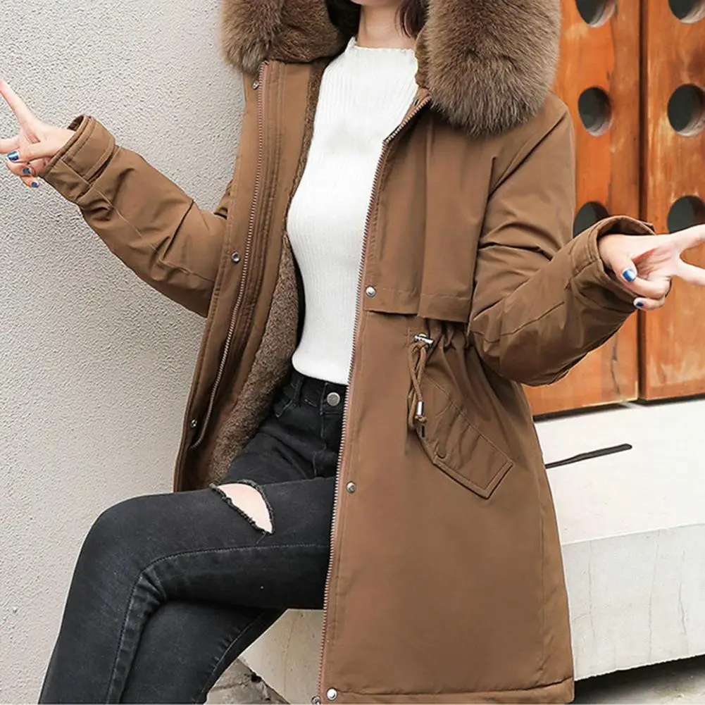 Winter Coat Low Price On Sale Women Beige Add Wool Thick Warmth Fur Hooded Parkas Jacket 2023 New Fashion Belt Slim Cotton Coat