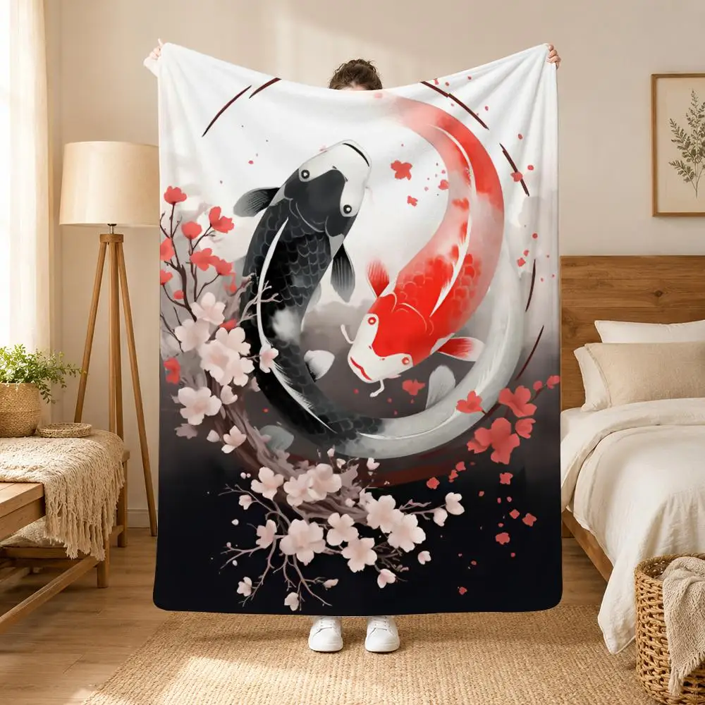 Lucky Koi Good Luck yin yang Throw Cozy Summer Nap Flannel Blanket Soft Throw for Office, Couch, Travel & Bed