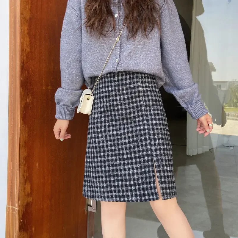 Skirts Women M-3XL Plaid Design Side-slit Female Elegant Autumn Leisure All-match Simple Vintage Streetwear Fit Korean Style Ins