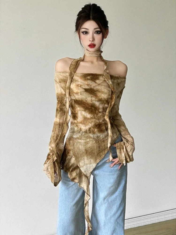 Streetwear Vintage Tie-dye Tshirts Y2k Aesthetic Women Sexy Slash Neck Slim Fit T-shirt Harajuku Irregular Ruffled Grunge Tops