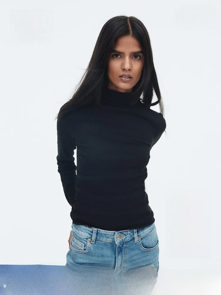 

H&M Women's Long Sve High Collar T-irt Winter Bell Bot Base irt Casual Sle Cotton Polyester Blend Home Daily Wear