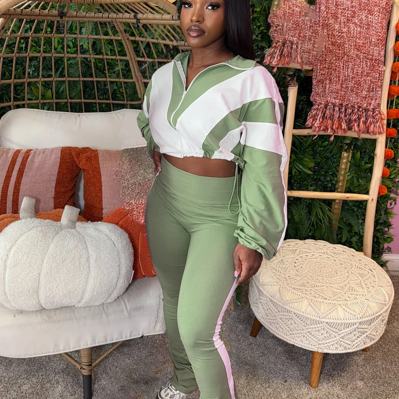 

2025 Women's Spor Casual Outfit Elastic Waist Color Blo Contrast Color Splicing Leisure Faion Chinese Manufacturer