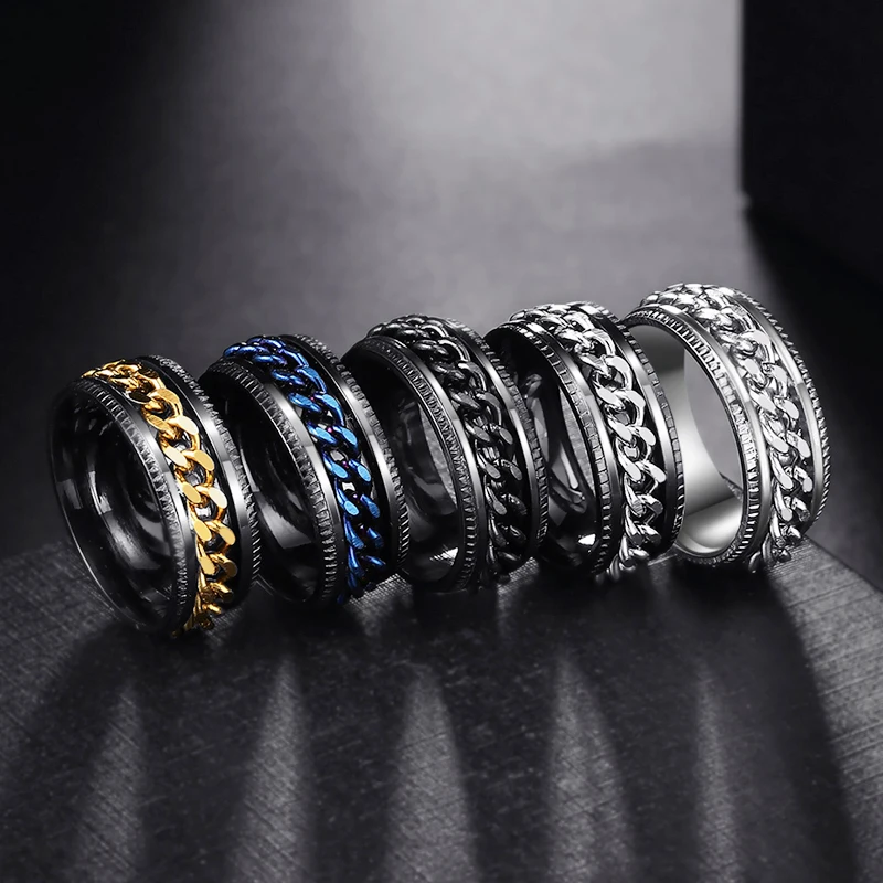 Rotate Rotating Anxiety Fidget rings Titanium Stainless Steel Chain Spinner Finger Ring For Men Blue Gold Color Black Punk Rock