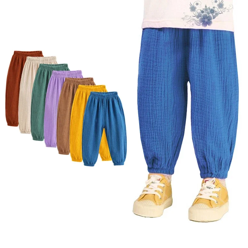 Summer Children Pants Korea Casual Girls Boys Pant Cotton Linen Solid Color Loose Pleated Trousers Girls High Waist Harem Pants