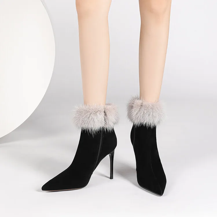 Luxury Mink Fur Women Ankle Boots Sexy Pointed Toe Short Winter Botas Black Suede Thin High Heels Dress Party Botines Femmes