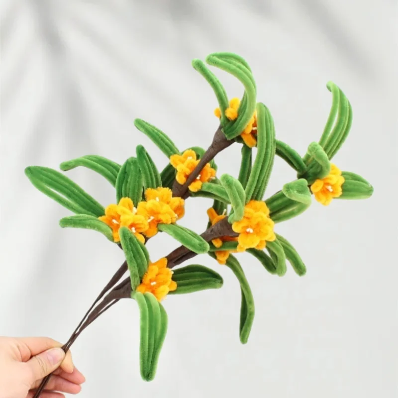 

10 шт. * Золотистые ветки османтуса с зелеными листьями, ручной работы, из трубок, вечные цветы, декор для интерьера, подарок для удачи и благополучия