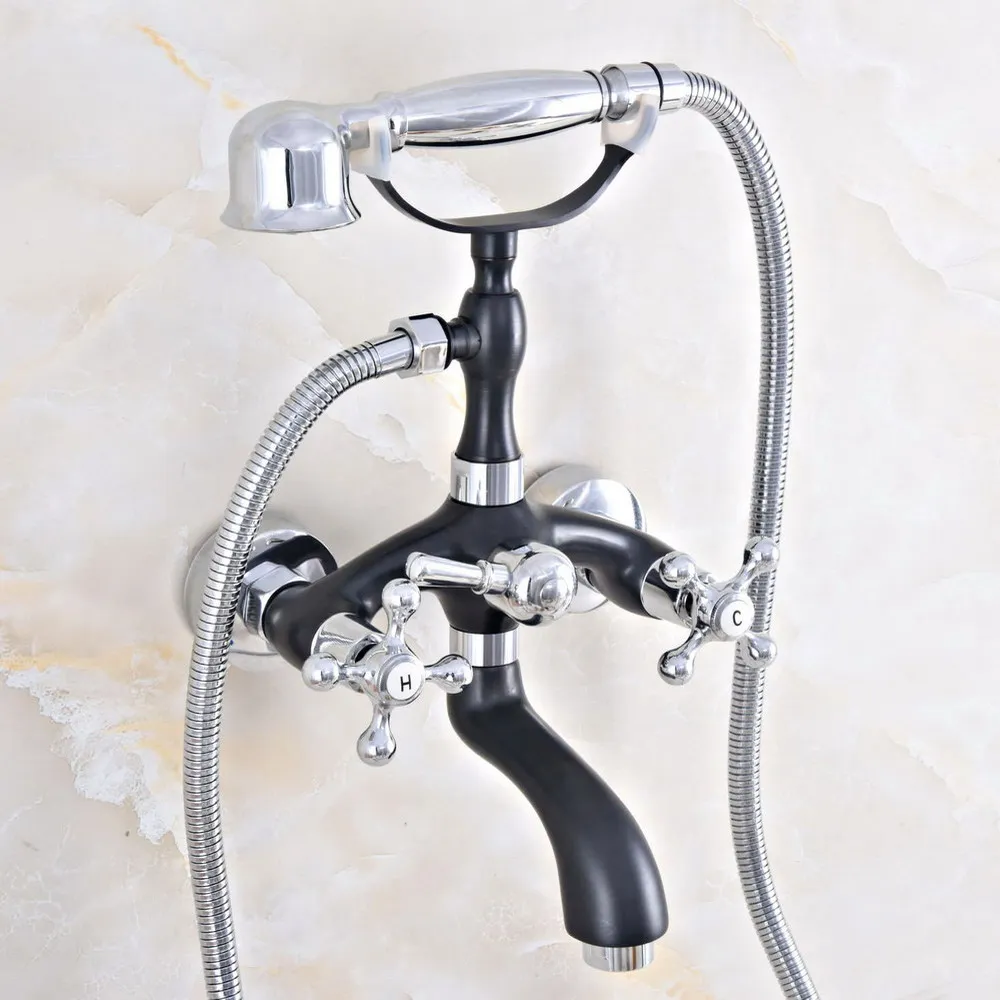 

Black Silver Brass Wall Mounted Bathtub Faucet Telephone Style Bath Shower Faucet Dual Handle Cold and Hot Water Taps zna604