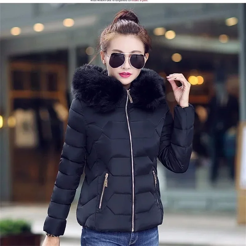 Autumn Winter Women\'s Cotton Jacket Short Section Large Fur Collar Hooded Warm Cotton Clothing Cotton Coat Ladies Cropped Coat