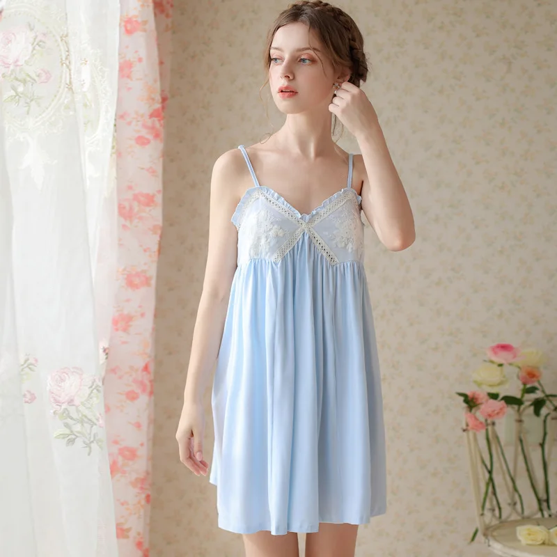 

Women's Cotton Nightgown Sleeveless Lace Suspender Sleep Dress Sweet Princess Style Solid Home Pajamas Nightwears for Ladies