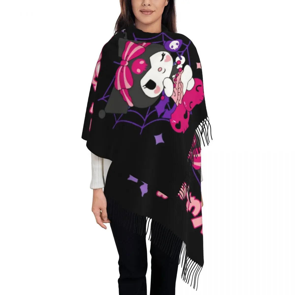 

Custom Kuromi Cartoon Tassel Scarf Women Soft Shawls Wraps Female Winter Scarves