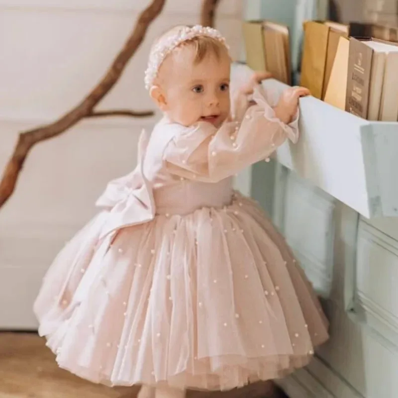 Vestidos de niña de flores, falda de perlas hinchada de tul rosa polvoriento con lazo, manga larga para boda, fiesta de cumpleaños, vestidos de primera comunión