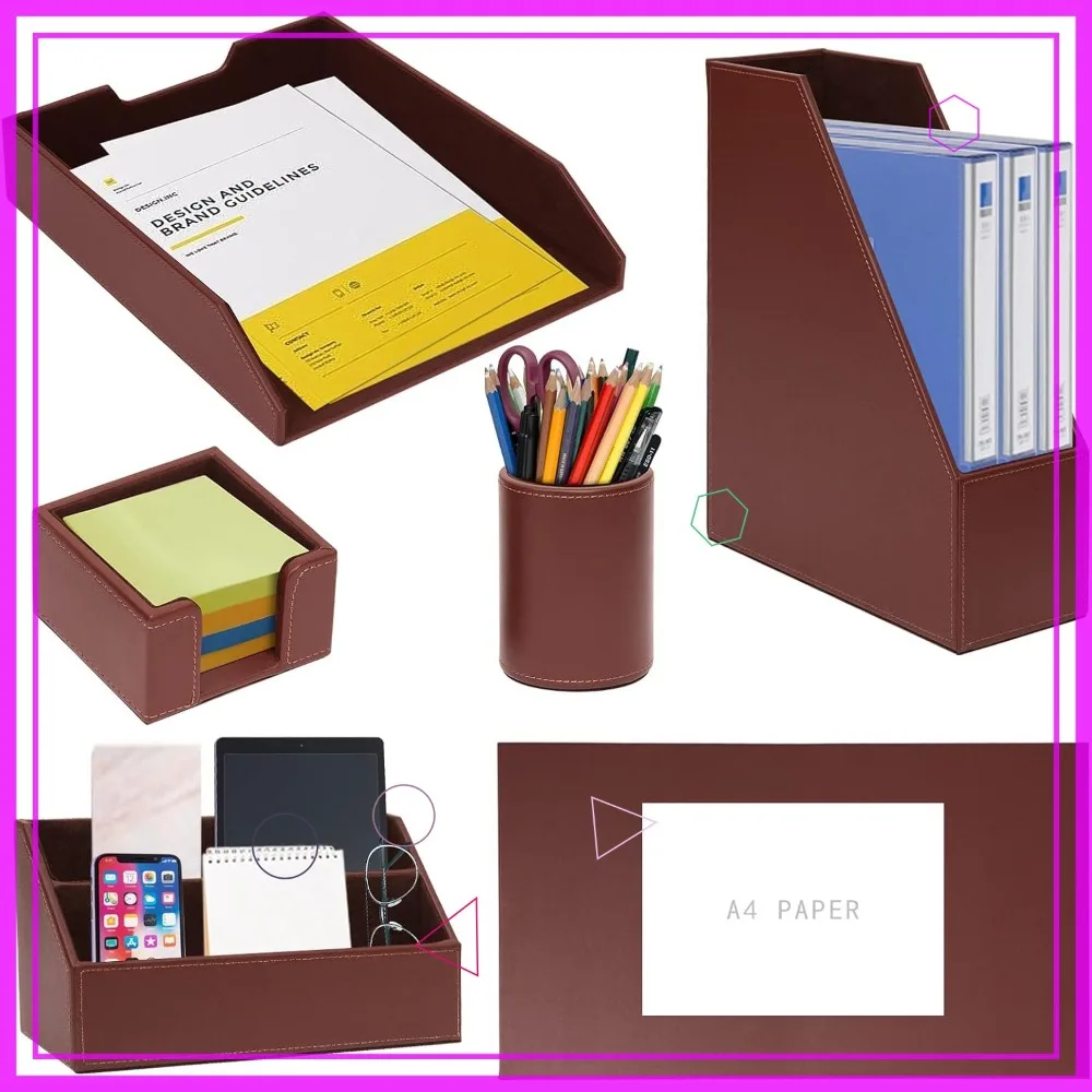 

6-Piece Desk Organizer Set with Leather Pad, Tray, Pen Cup, and More for Office Brown