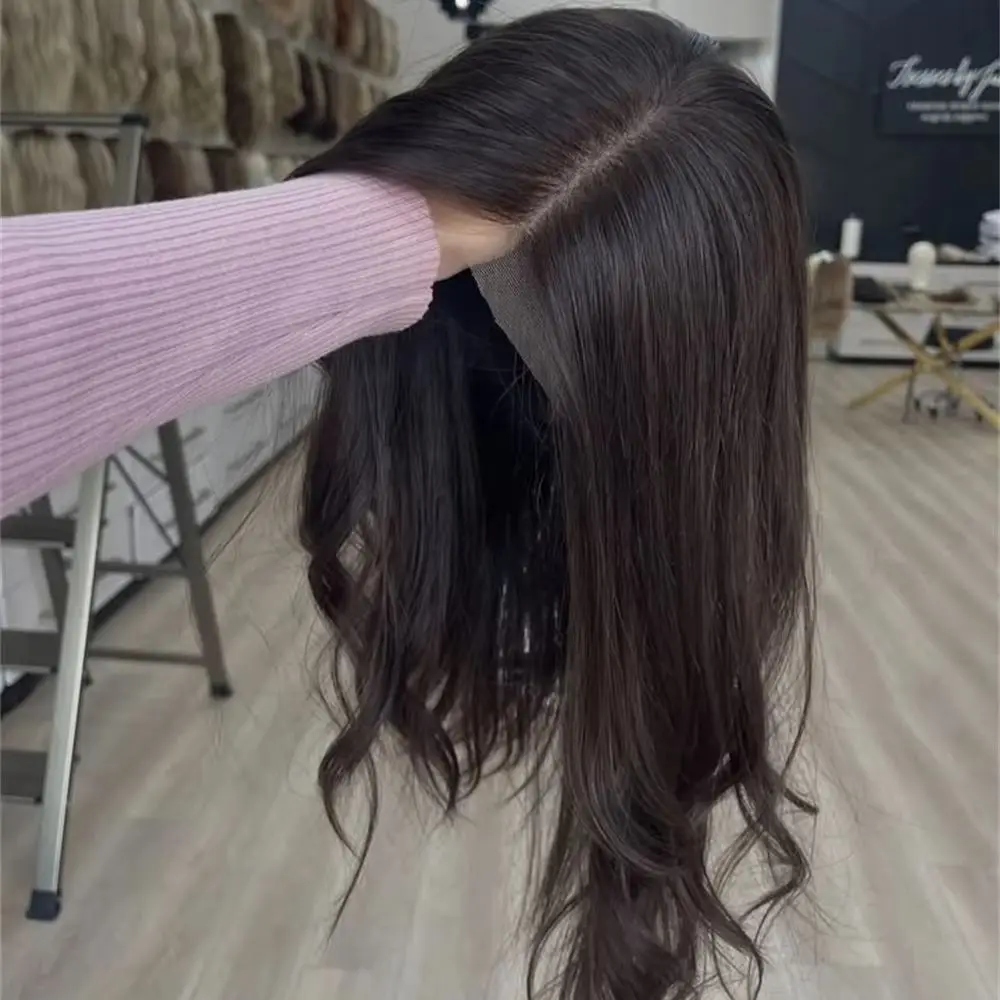 Chocolate Brown Synthetic Lace Front Wig 13x4 Highlighted Dark Brown Short Wavy Wig Heat Resistant Fiber for Women Bob Style