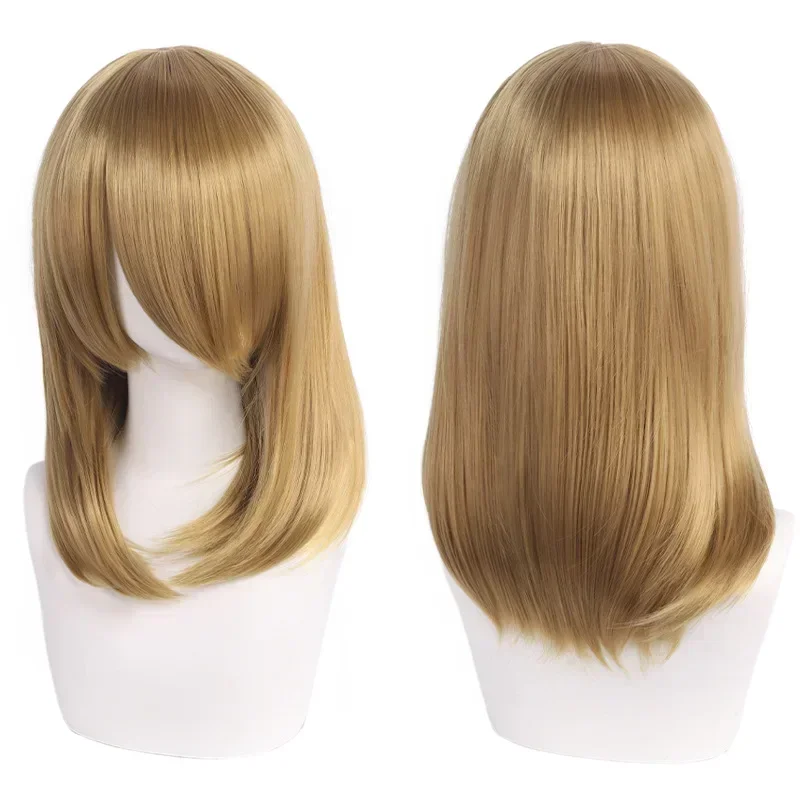 Neue 45cm Mittellange Anime Cosplay Perücke mit Pony in Blond, Schwarz, Weiß, Rot, Pink, Grün, Braun, Gold, Blau, Hitzebeständige Synthetische Haarperücken – Detail 33