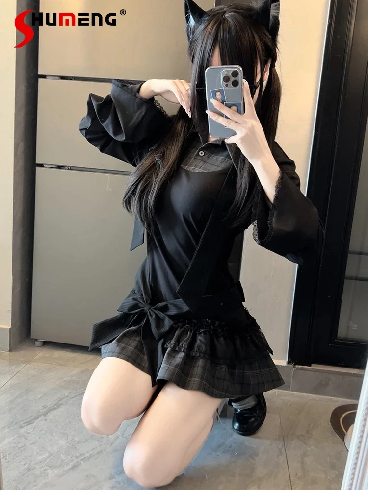 

Original College Style Black Fake Two-piece Dress Women's Sweet Cool Slim Sexy Long-sleeved Dress Hot Girls Japanese Mine Dress