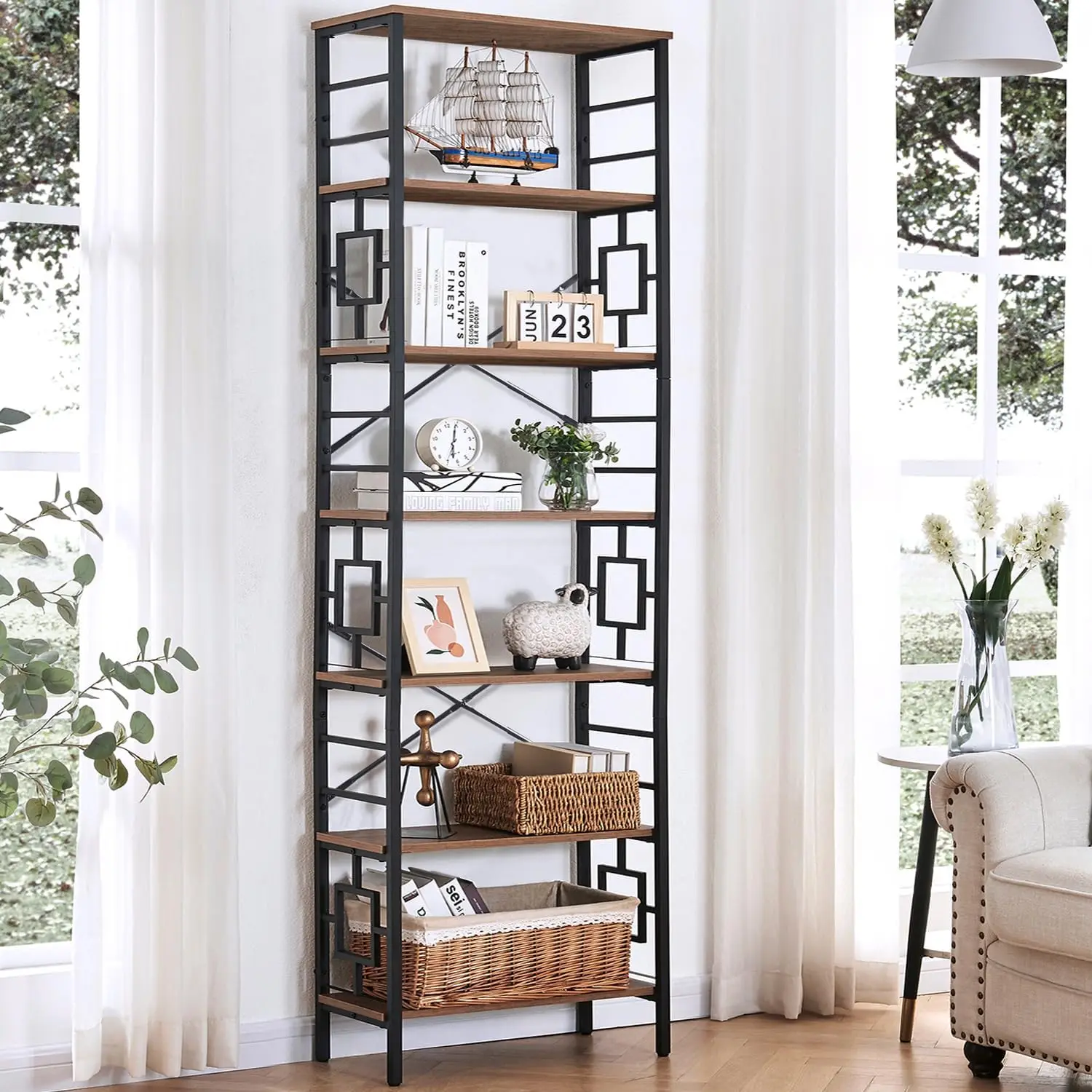 84-Inch Industrial Bookshelf with Metal Frame, 7 Open Shelves for Office Living Room Bedroom Storage