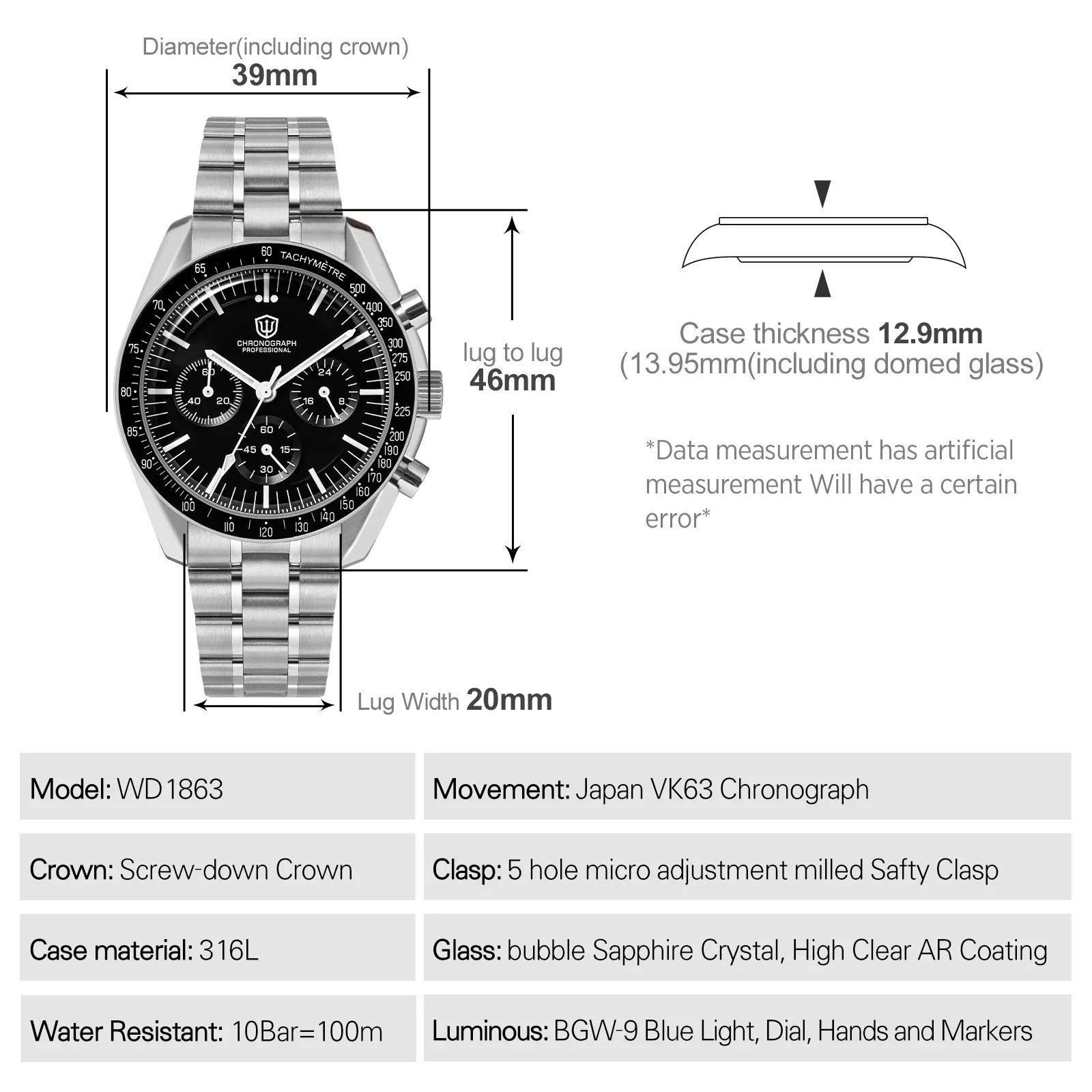 Watchdives WD1863 Quartz Watch VK63 Chronograph Movement Bubble