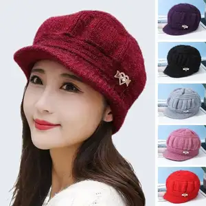 Women's Fashion Knitted Wool Hat Solid Color Windproof Cap Winter Headwear Middle Aged