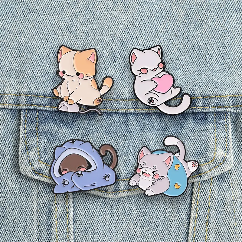 Kawaii Cat Badges Cute Cartoon Kitten Enamel Pin Funny Heart Mouse Yarn Ball Backpack Brooch Animal Accessories