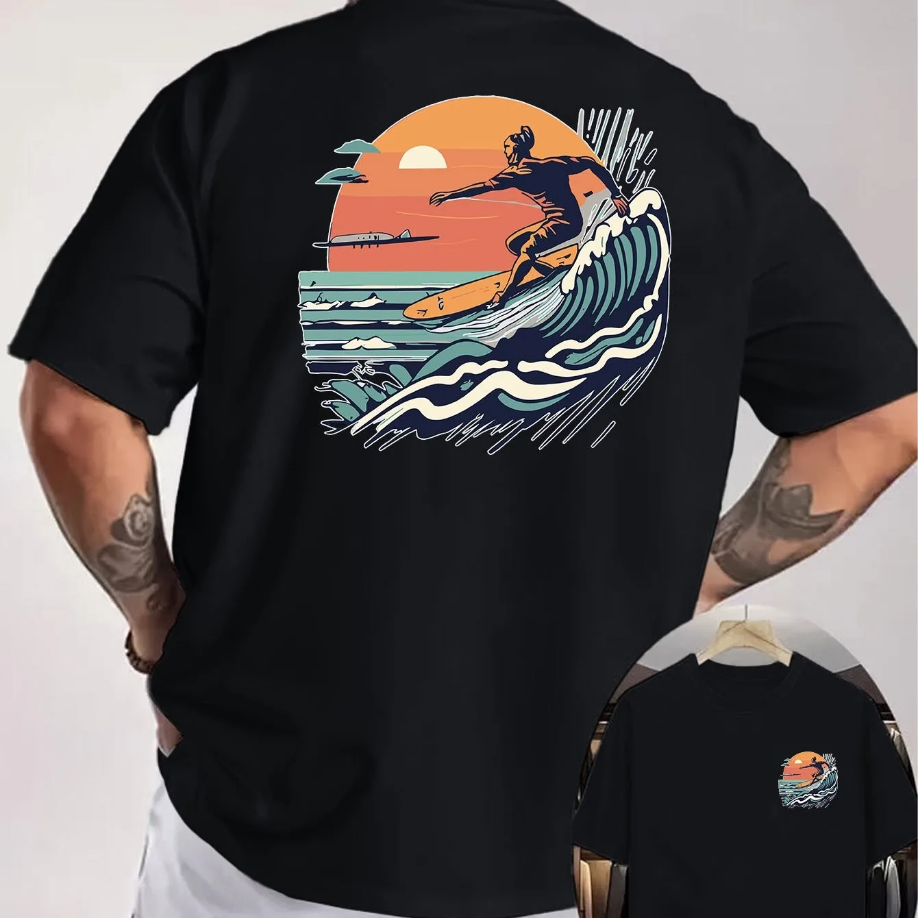 Surfing Sunset Graphic Tee Men Summer Casual Round Neck Breathable Cotton Short Sleeve T-Shirt