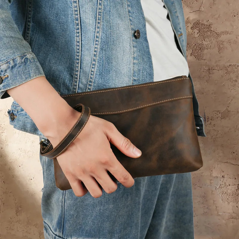 Mens Crazy Horse Leather Handheld Long Wallet Genuine Leather Vintage Business Large Capacity Clutch With Wrist Strap 8inTablet
