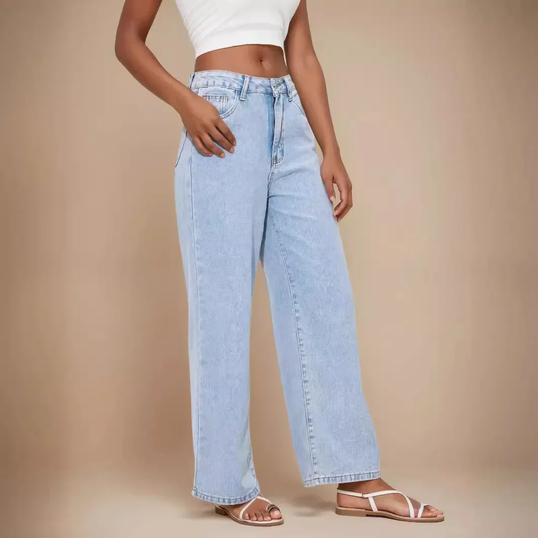 Jeans Women Streetwear Denim Straight Pants High Waist Washed Distressed Pockets  Female Basics Ankle Length Trousers