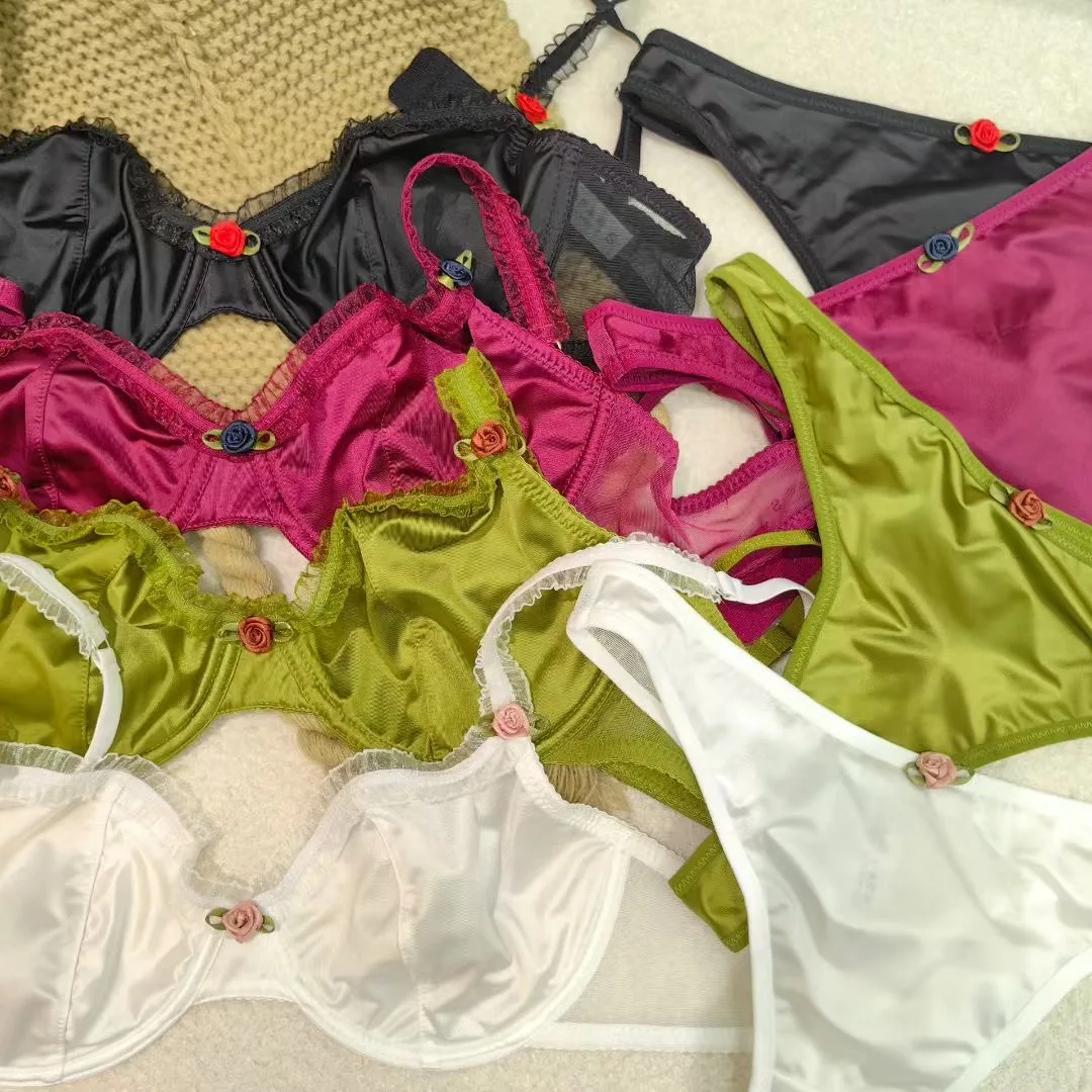 4 couleurs mode femmes ensemble de Lingerie Sexy dentelle Ultra mince confort soutien-gorge français soie Satin sous-vêtements Bralette dames soutiens-gorge et tongs