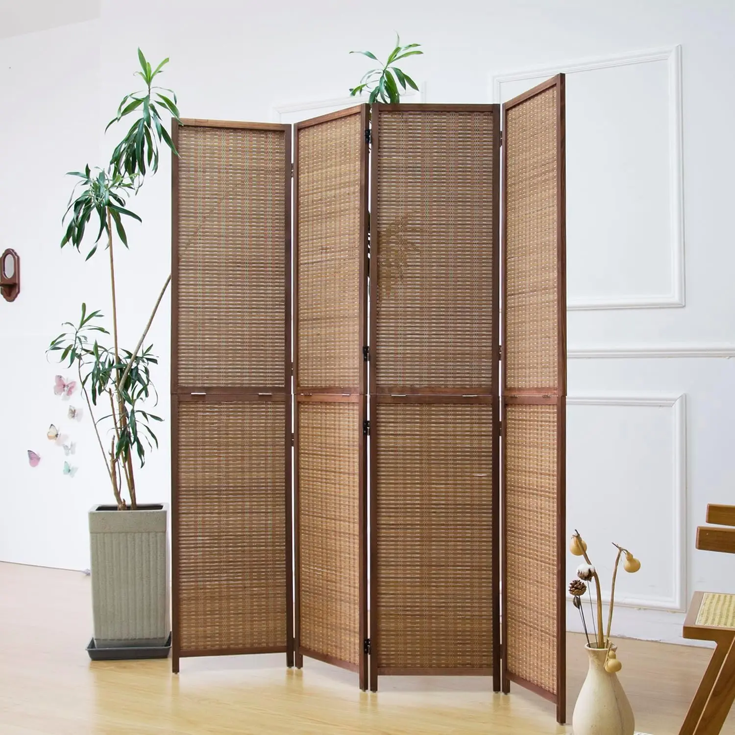 Furnnylane 4 Panel Detachable Room Divider, 5.6 ft Tall Two in One Bamboo Privacy Screen (Converts into 2 Low Dividers), Folding