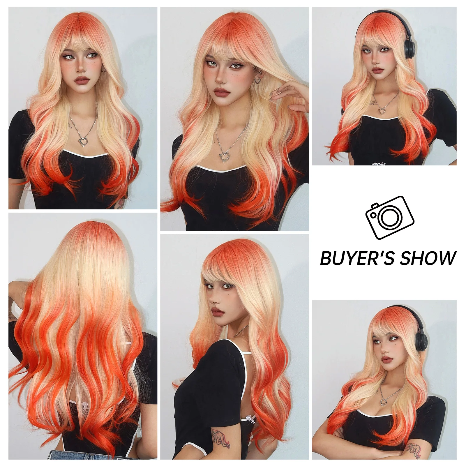 Orange Blonde Ombre Synthetic Wigs Long Wavy Colorful Wigs with Bangs for Women Body Wave Cosplay Wigs Halloween Heat Resistant