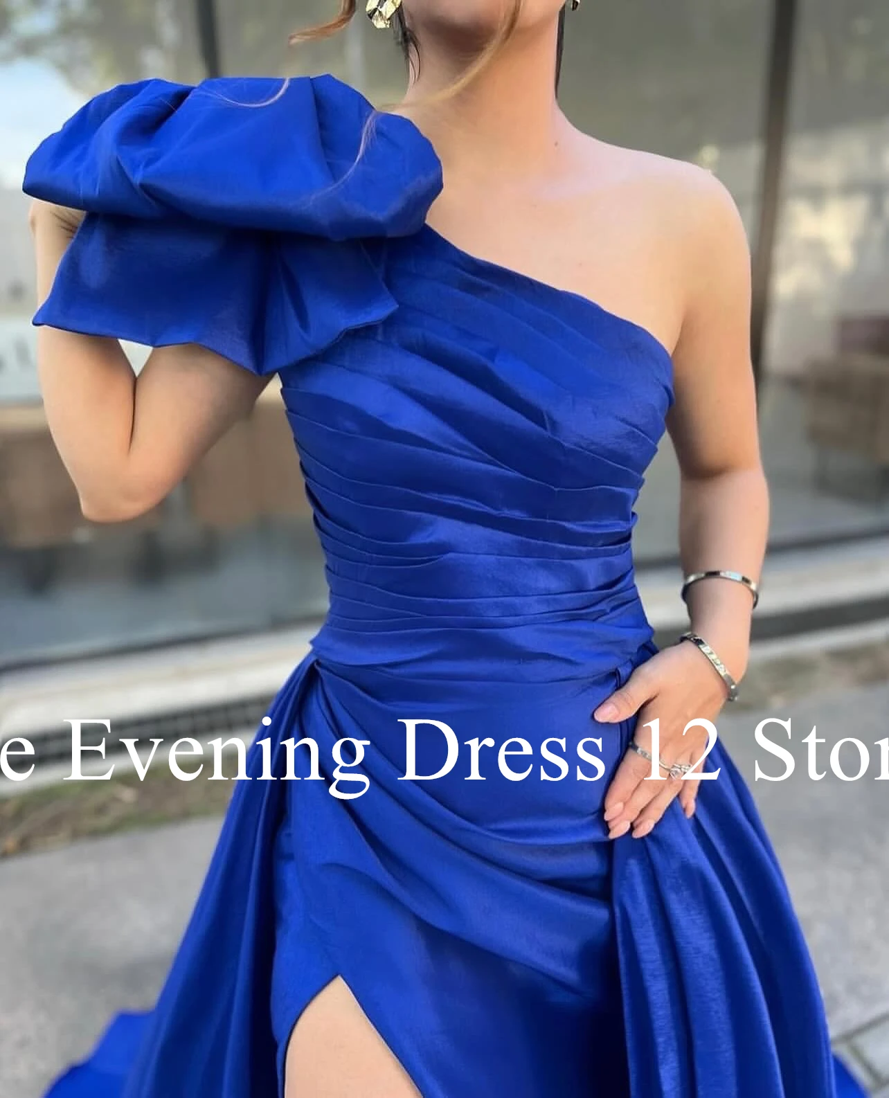 Customized Graceful Panel Train One Shoulder Bow Evening Dress Temperament Pleats Satin Front Slit Photo Color Vestido De Noche