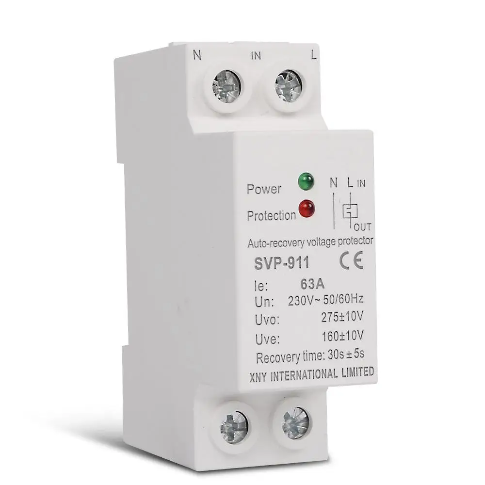 Over Under Voltage Relay AC230V 63A Mini Din Rail Automatic Recovery Reconnect Protective Breaker Voltage Protector Device