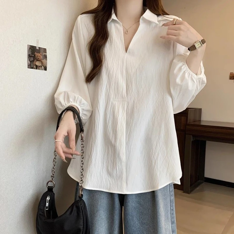 New Women\'s 2024 Summer Spliced Polo Shirt Lantern Sleeve Fashion Solid Color Loose Casual Seven Quarter Sleeve Blouses Shirts